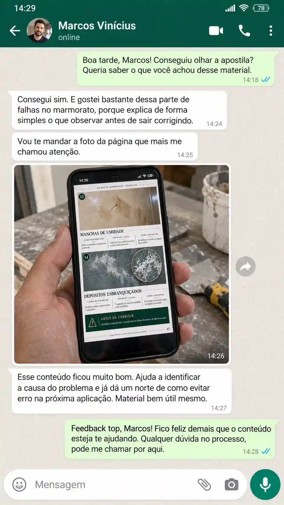 Conversa de WhatsApp com depoimento sobre o guia de Marmorato
