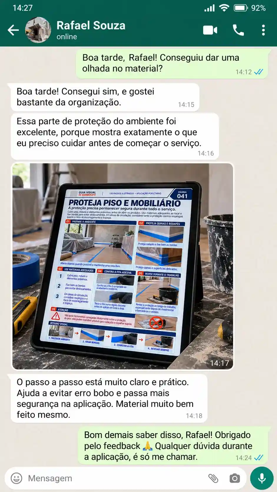 Conversa de WhatsApp com depoimento sobre o guia de Marmorato